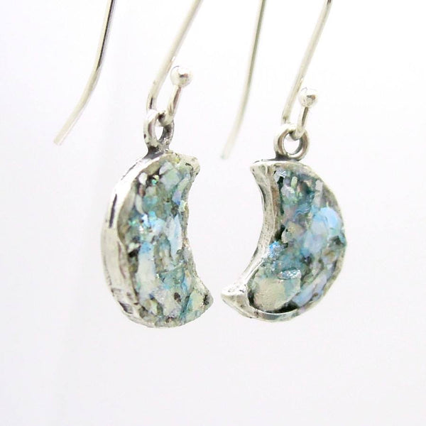 Earrings - Small Moon Earrings Hammered Silver With Roman Glass