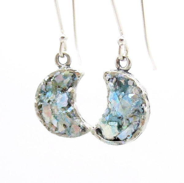 Earrings - Small Moon Earrings Hammered Silver With Roman Glass