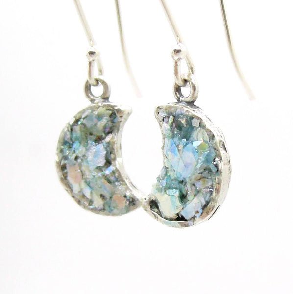 Earrings - Small Moon Earrings Hammered Silver With Roman Glass