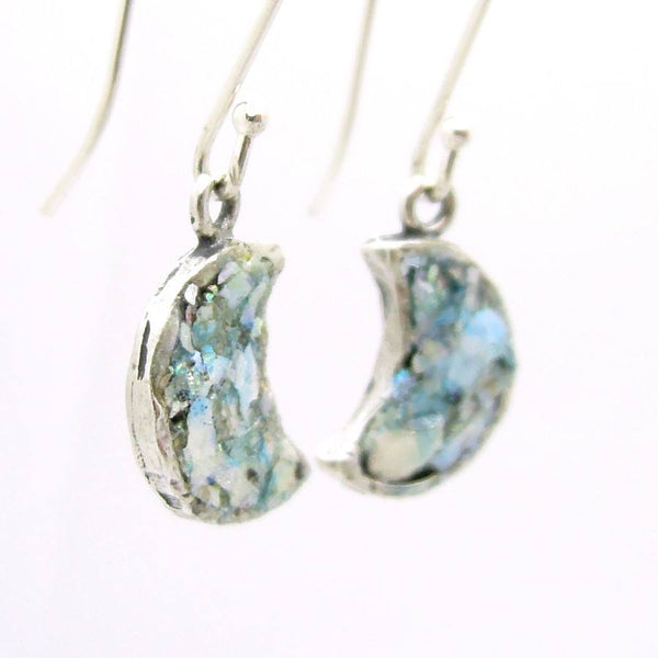 Earrings - Small Moon Earrings Hammered Silver With Roman Glass