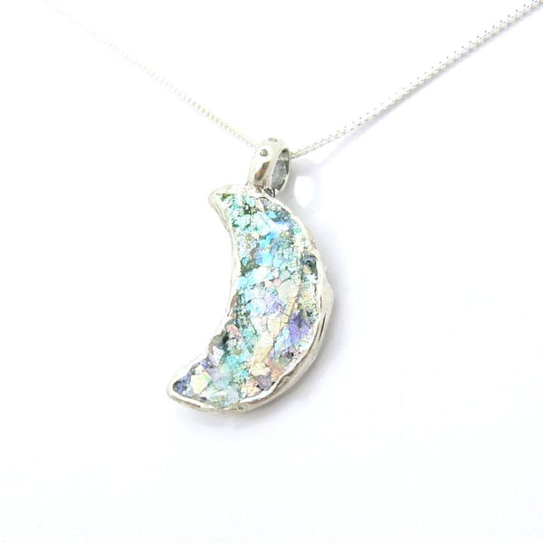 Earrings - Small Moon Earrings Hammered Silver With Roman Glass