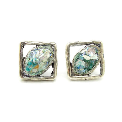 Earrings - Small Silver Square Stud Earrings With Roman Glass