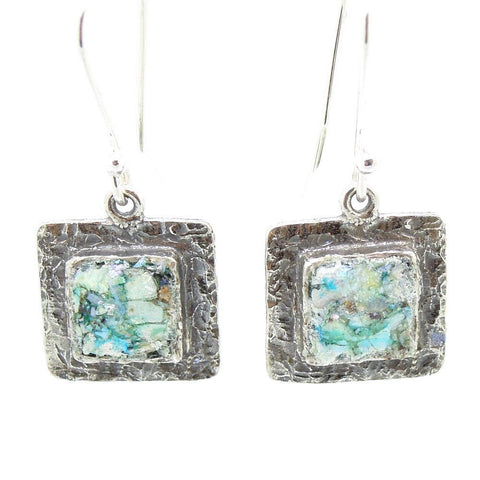 Earrings - Square Silver Earrings With Roman Glass