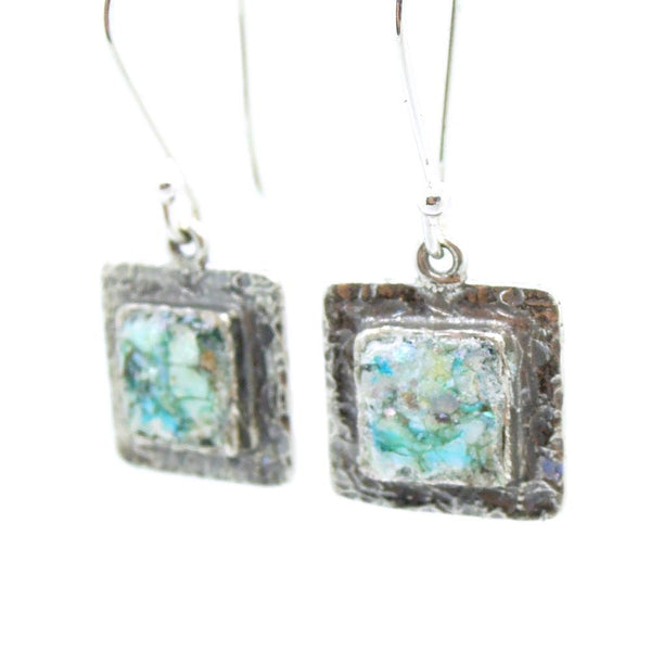Earrings - Square Silver Earrings With Roman Glass