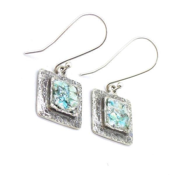Earrings - Square Silver Earrings With Roman Glass