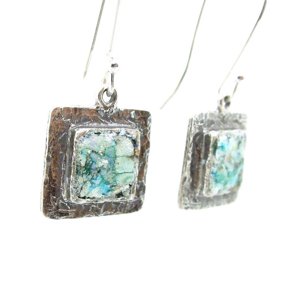 Earrings - Square Silver Earrings With Roman Glass
