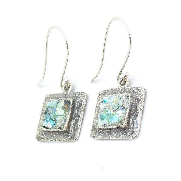 Earrings - Square Silver Earrings With Roman Glass