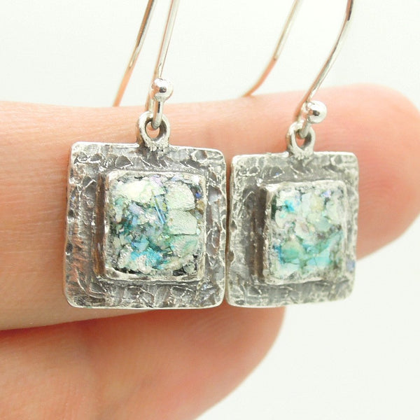 Earrings - Square Silver Earrings With Roman Glass