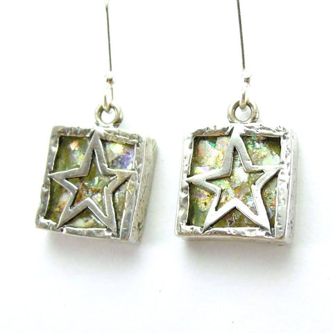 Earrings - Star Shaped Silver And Roman Glass Square Earrings