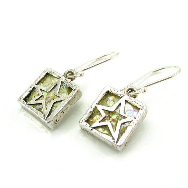Earrings - Star Shaped Silver And Roman Glass Square Earrings