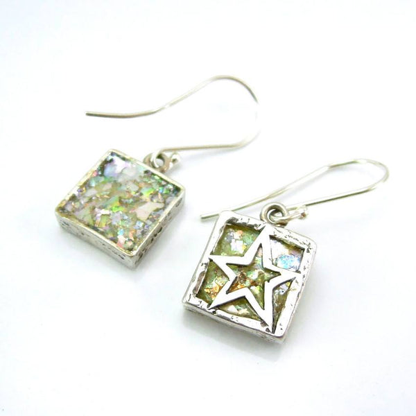 Earrings - Star Shaped Silver And Roman Glass Square Earrings