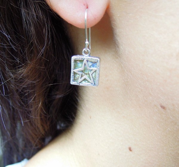 Earrings - Star Shaped Silver And Roman Glass Square Earrings