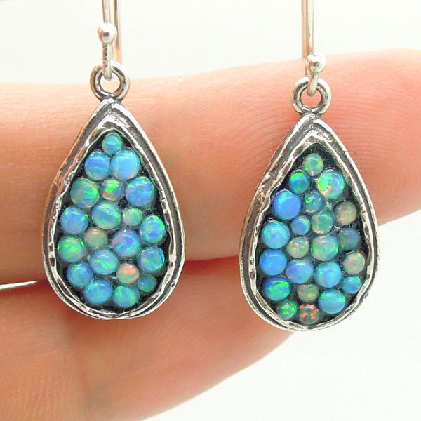 Earrings - Sterling Silver Earrings With Mosaic Opal Stones Drop Shape