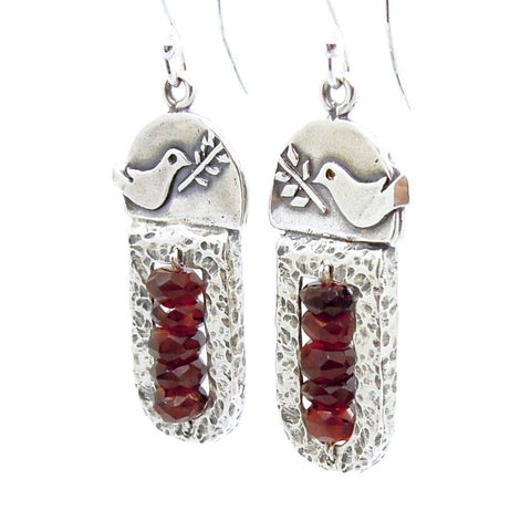 Earrings - Sterling Silver & Garnet Earrings With A Dove Holding A Tree Branch