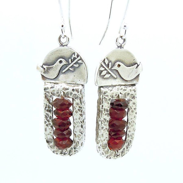 Earrings - Sterling Silver & Garnet Earrings With A Dove Holding A Tree Branch