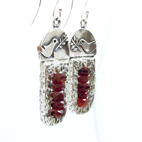 Earrings - Sterling Silver & Garnet Earrings With A Dove Holding A Tree Branch