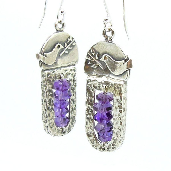 Earrings - Sterling Silver & Garnet Earrings With A Dove Holding A Tree Branch