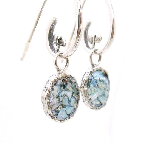 Earrings - Swirl Shaped Silver Dangle Earring With Roman Glass