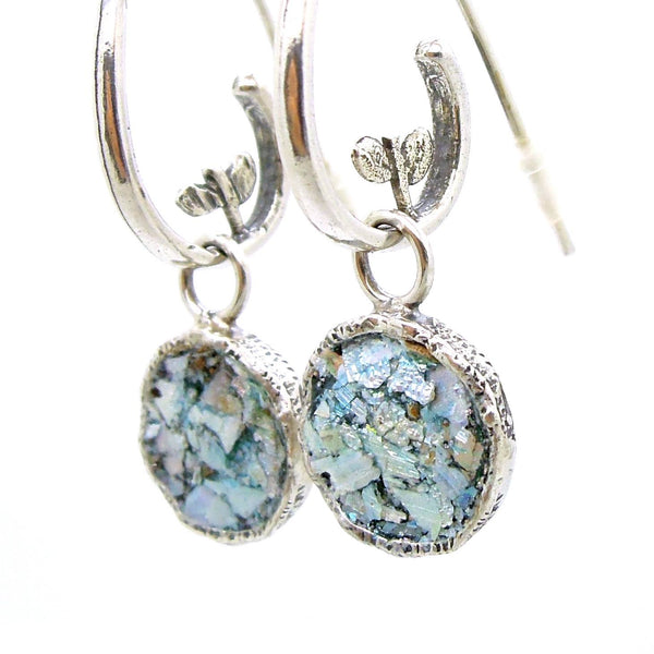 Earrings - Swirl Shaped Silver Dangle Earring With Roman Glass