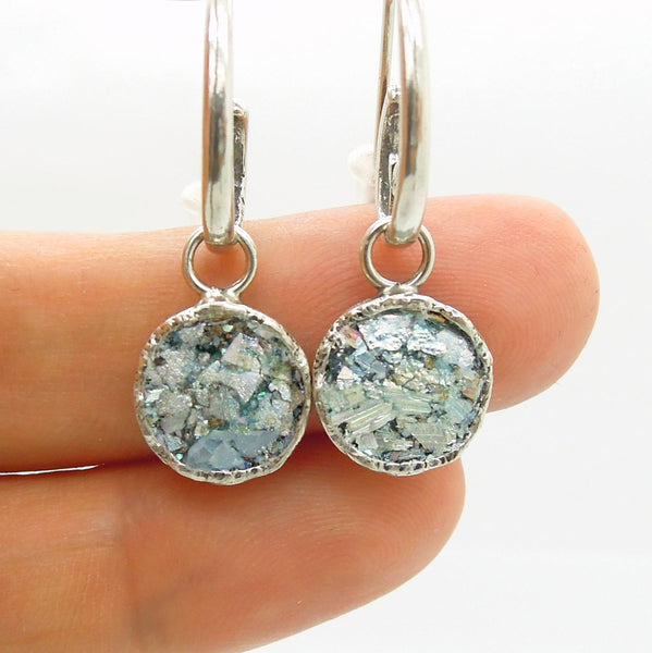 Earrings - Swirl Shaped Silver Dangle Earring With Roman Glass