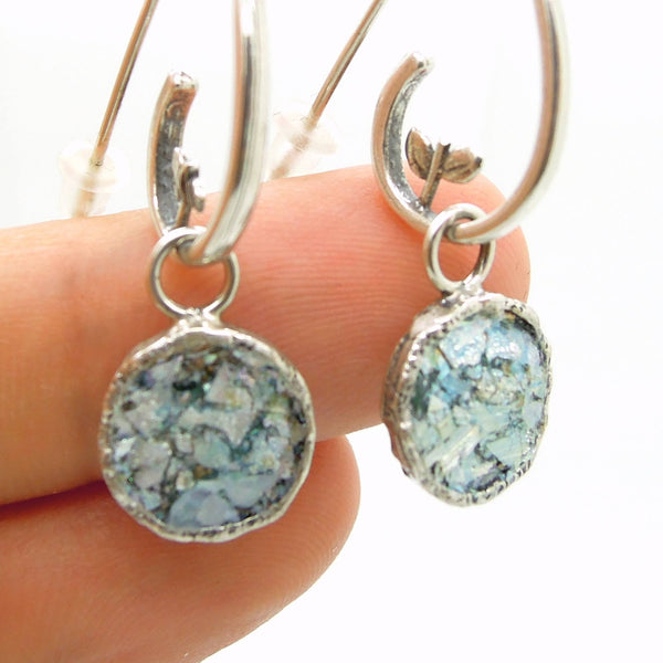 Earrings - Swirl Shaped Silver Dangle Earring With Roman Glass