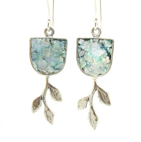 Earrings - Tree Branch Earrings With Roman Glass Set In Silver Sterling