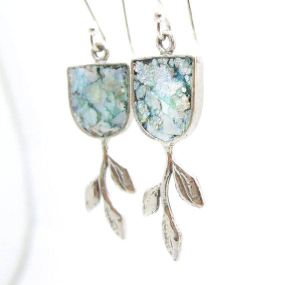 Earrings - Tree Branch Earrings With Roman Glass Set In Silver Sterling