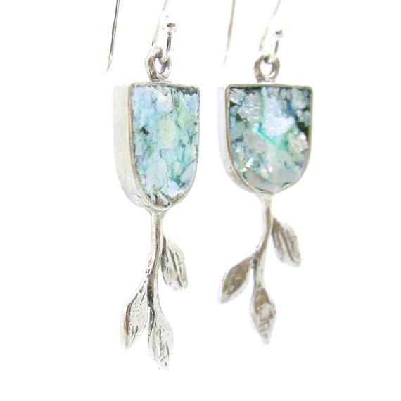 Earrings - Tree Branch Earrings With Roman Glass Set In Silver Sterling