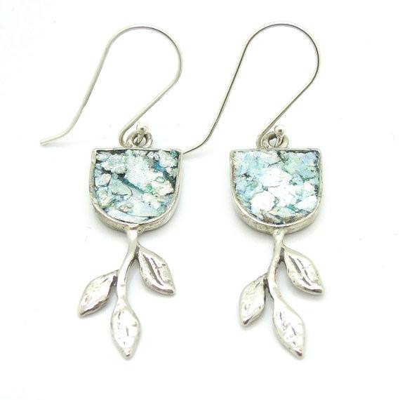 Earrings - Tree Branch Earrings With Roman Glass Set In Silver Sterling