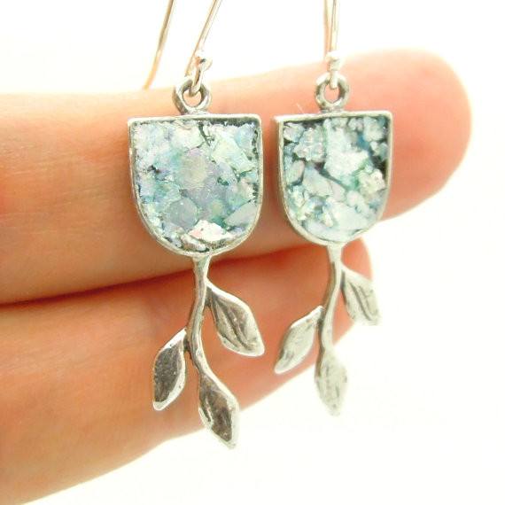 Earrings - Tree Branch Earrings With Roman Glass Set In Silver Sterling