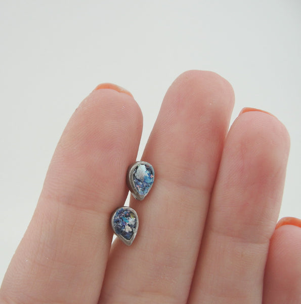 Roman glass, Oval earring, Sterling silver 925, Gift, Present, Israel jewelry, Silver, Earring (er207