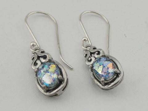 Roman glass, Oval earring, Sterling silver 925, Gift, Present, Hadarjewelry,Israel jewelry, Silver, Earring (2011
