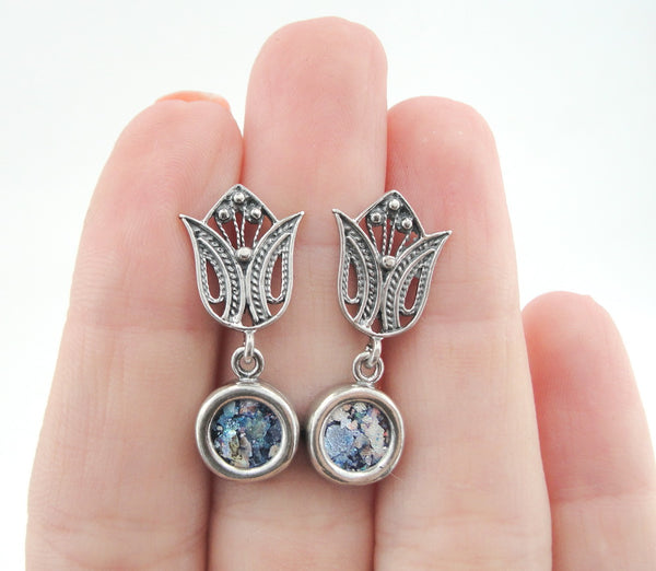 Roman glass, Dangling earring, Sterling silver 925, Gift, Round earring, Israel jewelry, Silver, Earring (er212