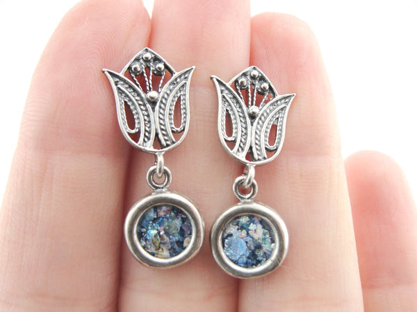 Roman glass, Dangling earring, Sterling silver 925, Gift, Round earring, Israel jewelry, Silver, Earring (er212