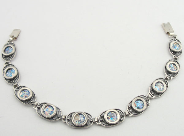 Silver Bracelet, Roman Glass, Handmade, Gift, Izralien Jewelry, Sterling Silver 925 Bangle, Round Bracelet, Antigue Glass (er304