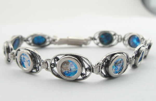 Silver Bracelet, Roman Glass, Handmade, Gift, Izralien Jewelry, Sterling Silver 925 Bangle, Round Bracelet, Antigue Glass (er304