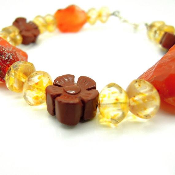 Gemstone Bead Necklace - Jasper, Glass Beads And Carneol Gemstone Bead Bracelet