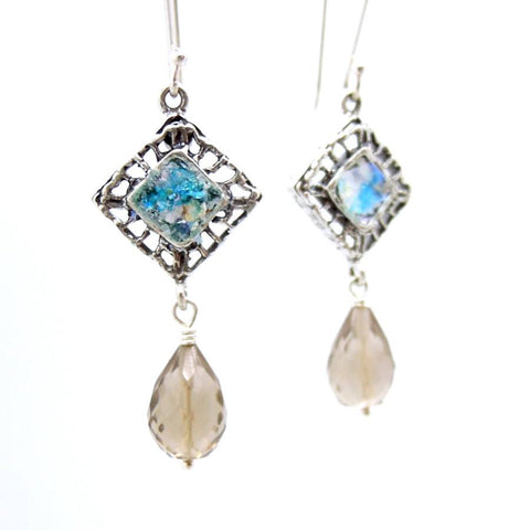 Gemstone Earrings - Smoky Quartz Silver Earrings With Roman Glass