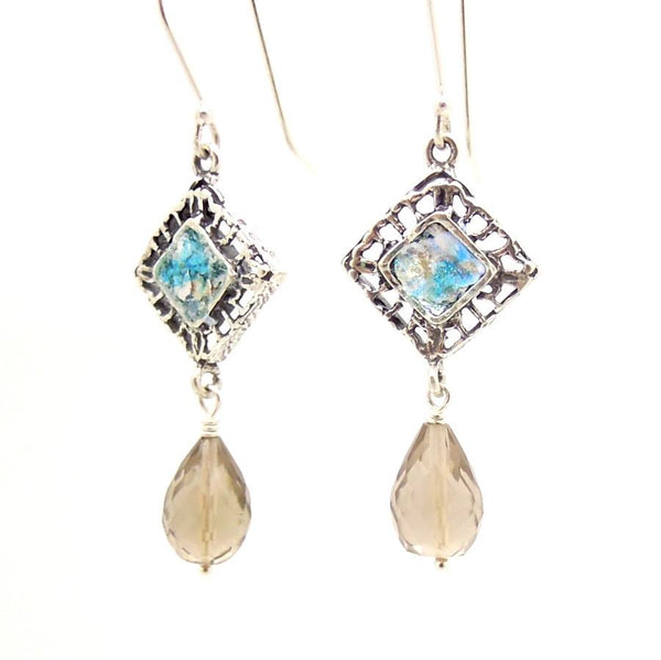 Gemstone Earrings - Smoky Quartz Silver Earrings With Roman Glass