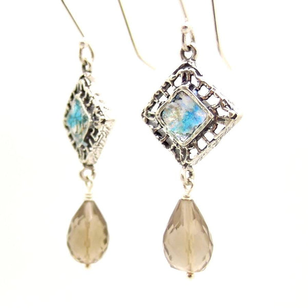Gemstone Earrings - Smoky Quartz Silver Earrings With Roman Glass