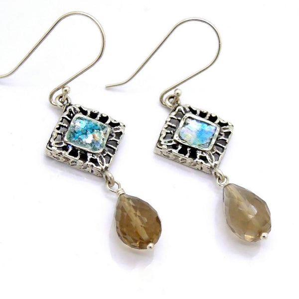Gemstone Earrings - Smoky Quartz Silver Earrings With Roman Glass