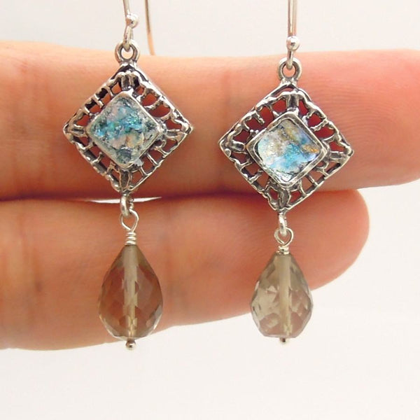 Gemstone Earrings - Smoky Quartz Silver Earrings With Roman Glass