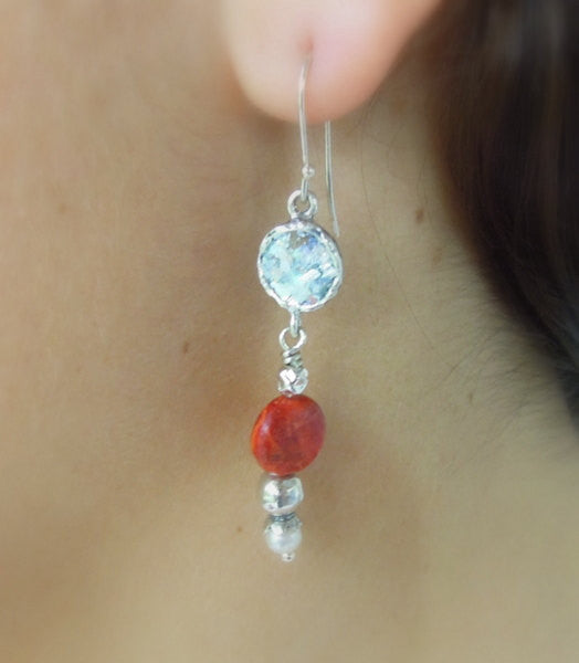 silver and gemstone roman glass earrings