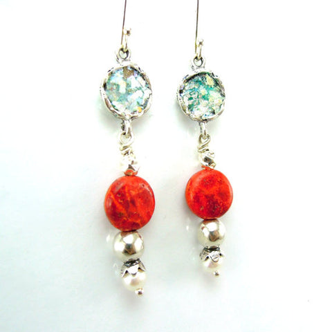 Silver & glass pomegranate earrings with coral sponge