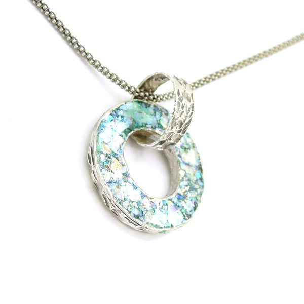 Round sterling silver circle pendant with roman glass