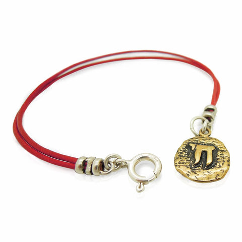 Leather Bracelet With A Brass Charm, Ancient Hebrew Script Hai