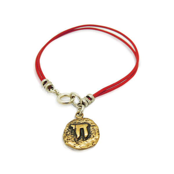 Leather Bracelet With A Brass Charm, Ancient Hebrew Script Hai