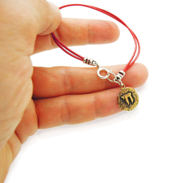 Leather Bracelet With A Brass Charm, Ancient Hebrew Script Hai