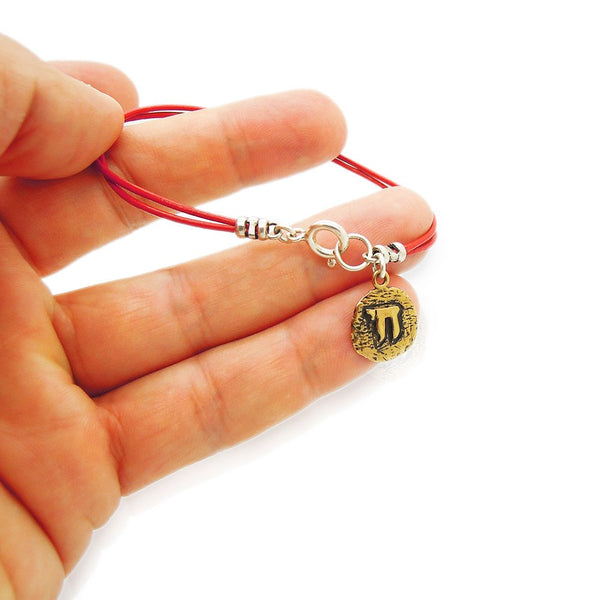 Leather Bracelet With A Brass Charm, Ancient Hebrew Script Hai