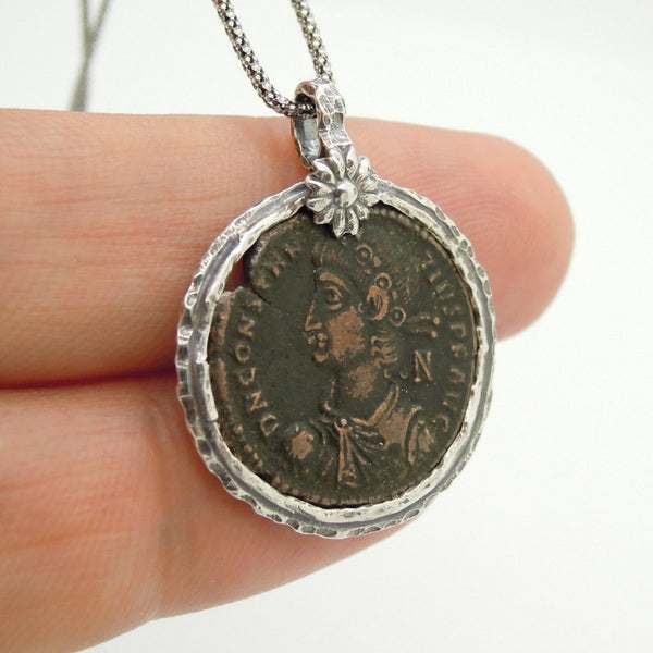 Necklace - Authentic Ancient Late Roman Coin Set In 925 Sterling Silver Pendant